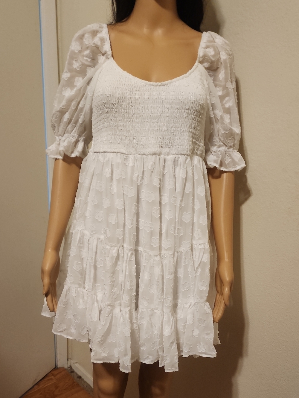 Aeom Smocked White Puff-Sleeve Mini Dress